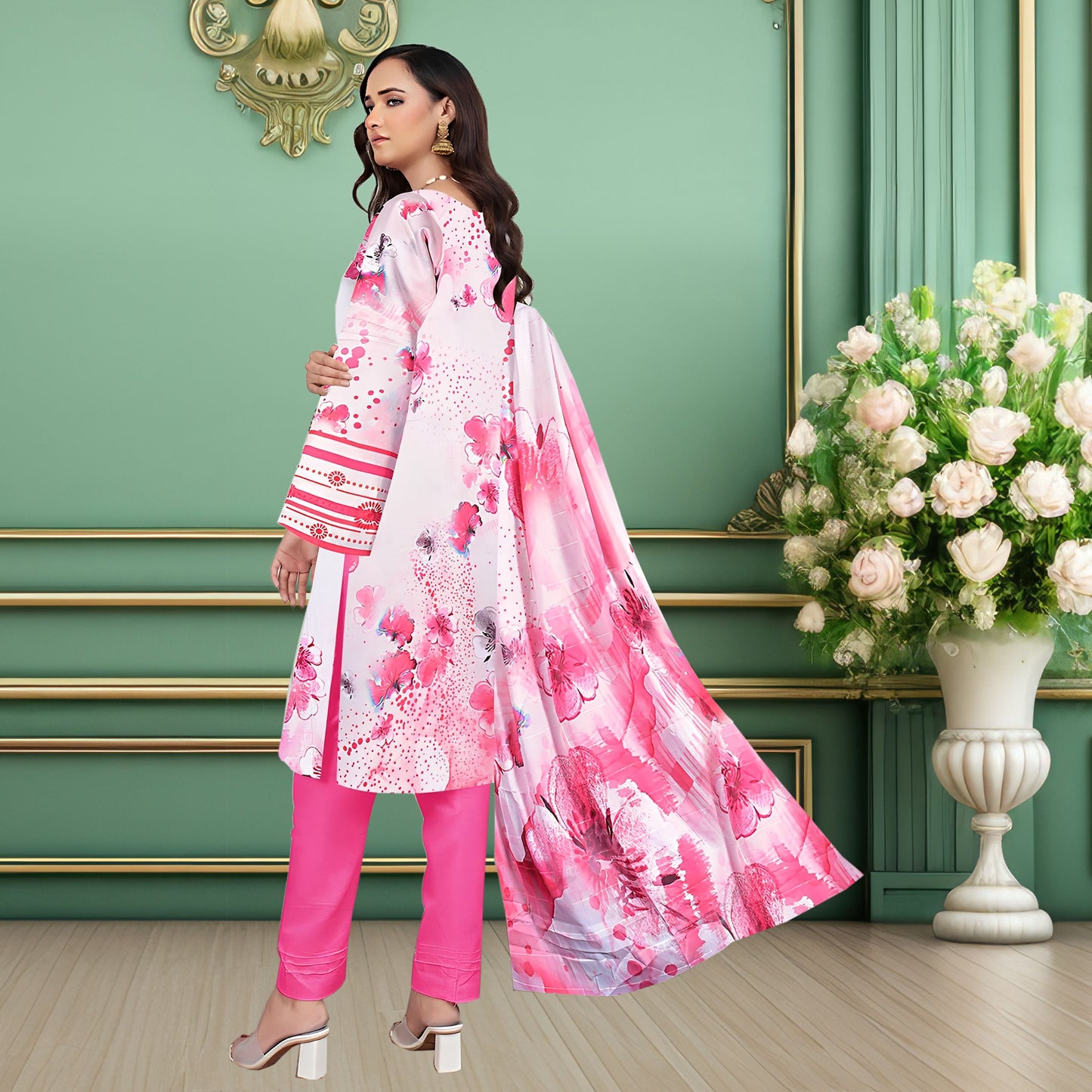 Elegant Pink Floral 3-Piece Digital Printed Lawn & Chiffon Suit