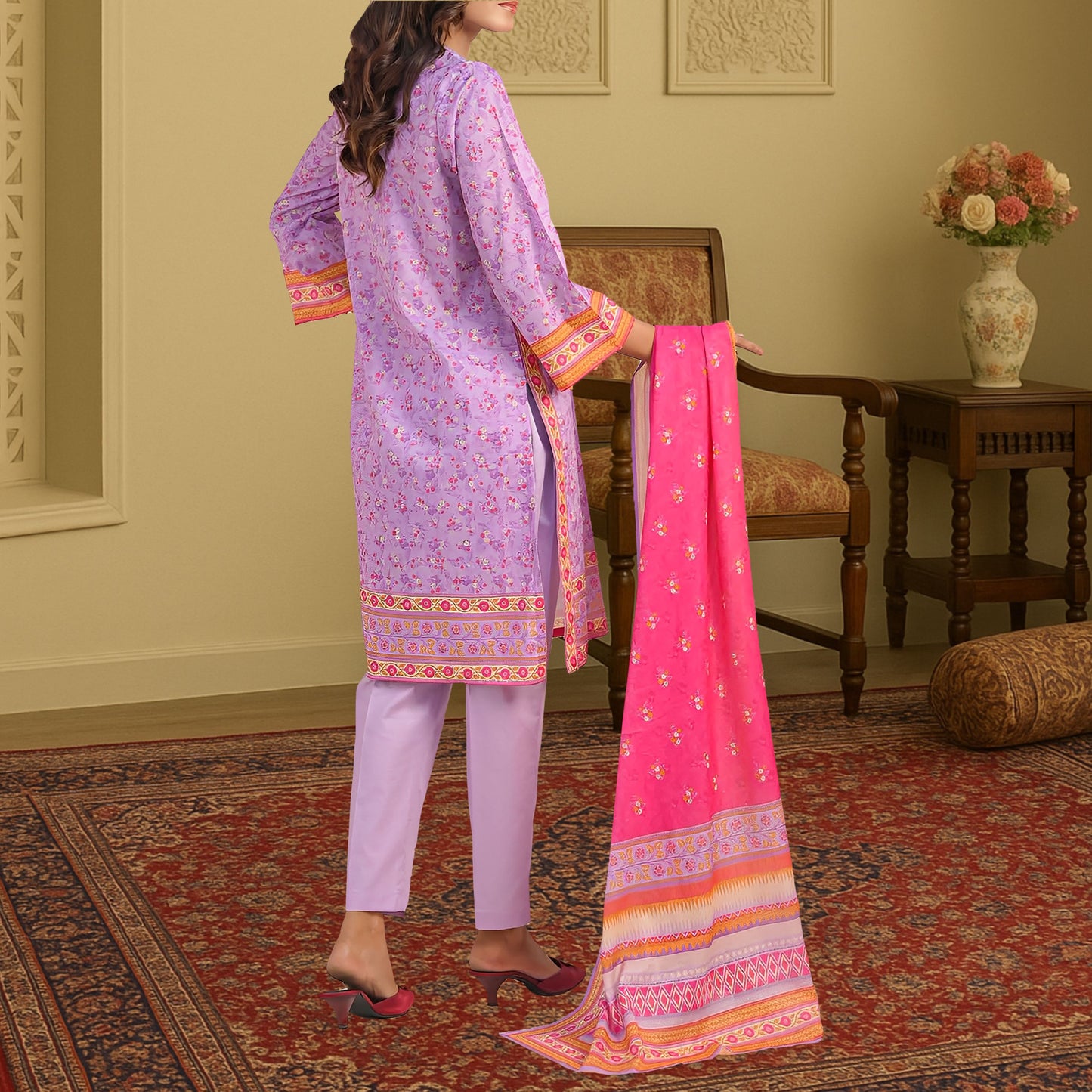 Charming Lavender & Hot Pink Digital Print 3-Piece Lawn Suit