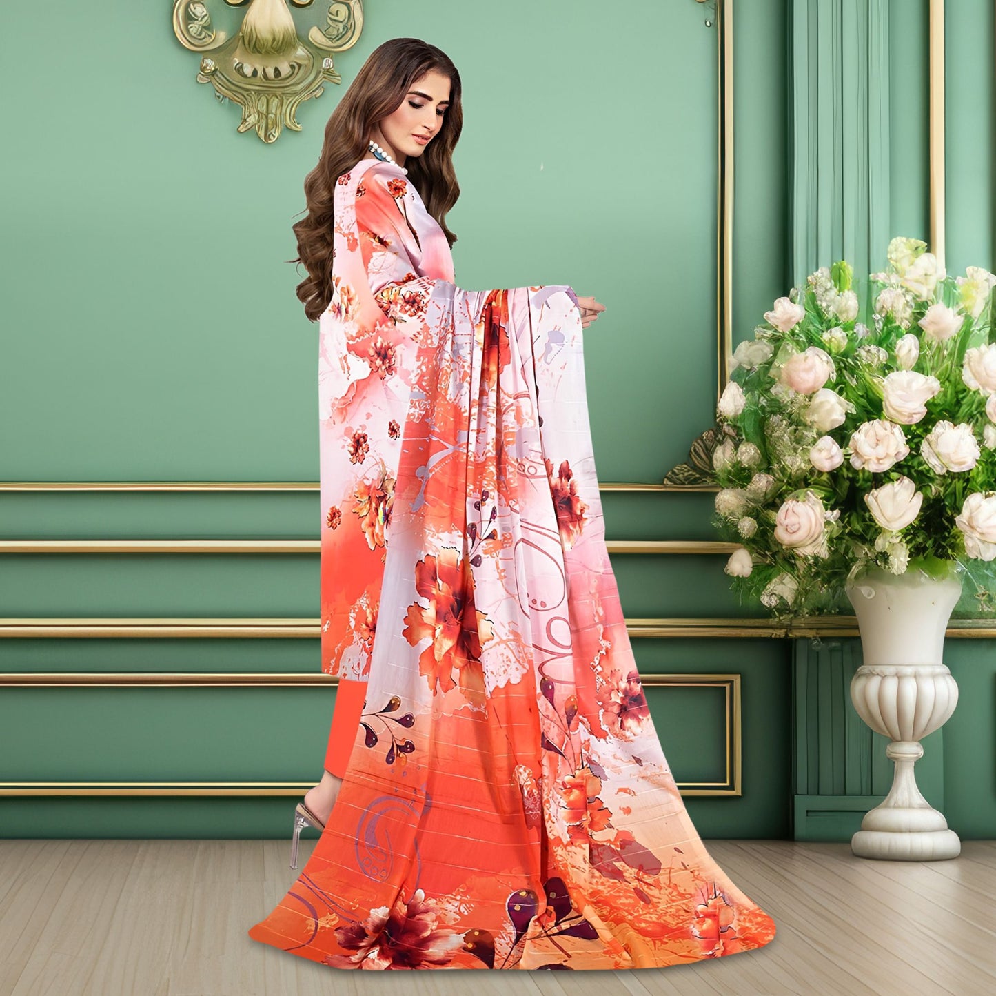 Elegant Orange Floral 3-Piece Digital Printed Lawn & chiffon Suit