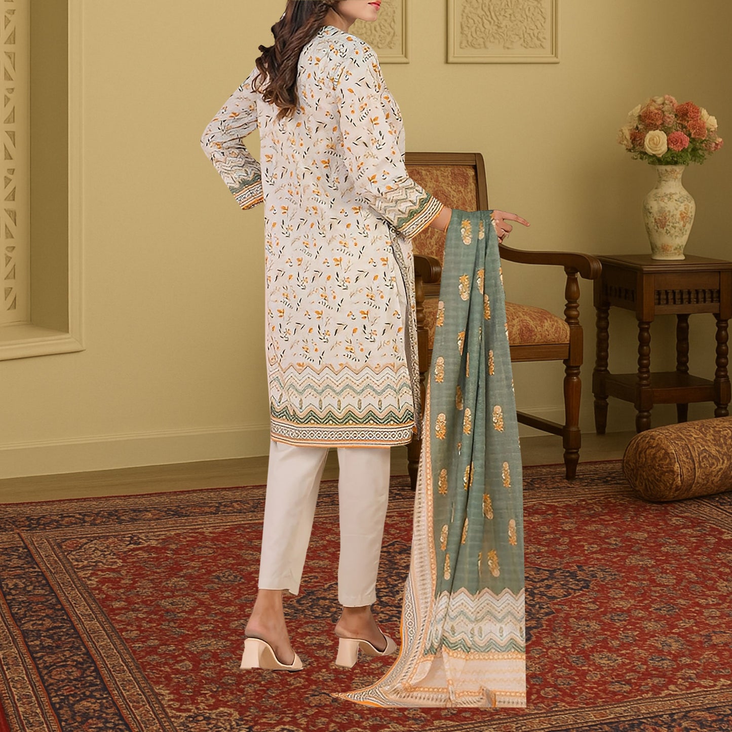 Serene cream & Sage Green Digital Print 3-Piece Lawn Suit
