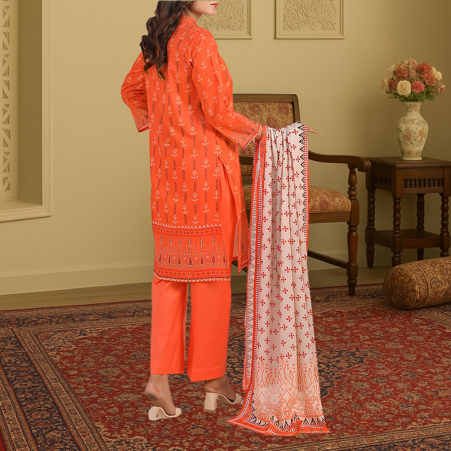 Bold Tangerine Orange & White Contrast Digital Print 3-Piece Lawn Suit