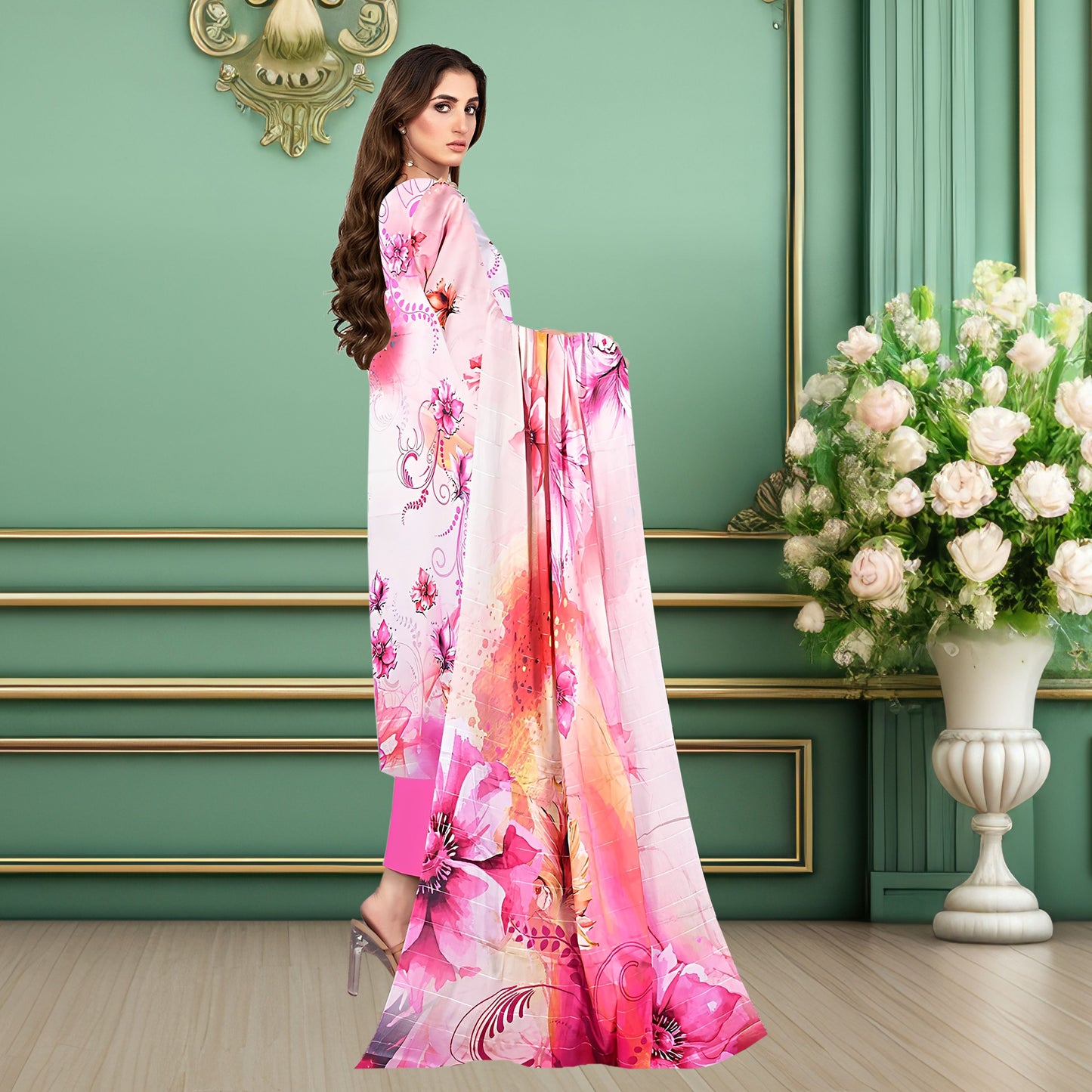 Elegant Pink Floral 3-Piece Digital Printed Lawn & Chiffon Suit
