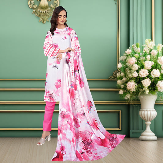Elegant Pink Floral 3-Piece Digital Printed Lawn & Chiffon Suit