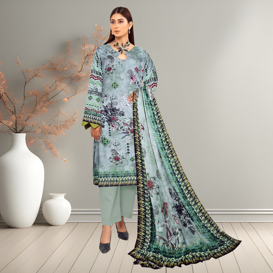 Mint Green & Black Digital Printed 3-Piece Lawn Suit | Premium Bamber Chiffon Dupatta