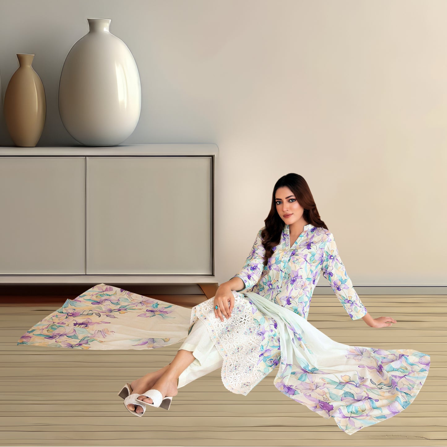 Soft Pastel Floral Digital Printed Lawn Suit |Embroidered Lace Hem & Chiffon Dupatta