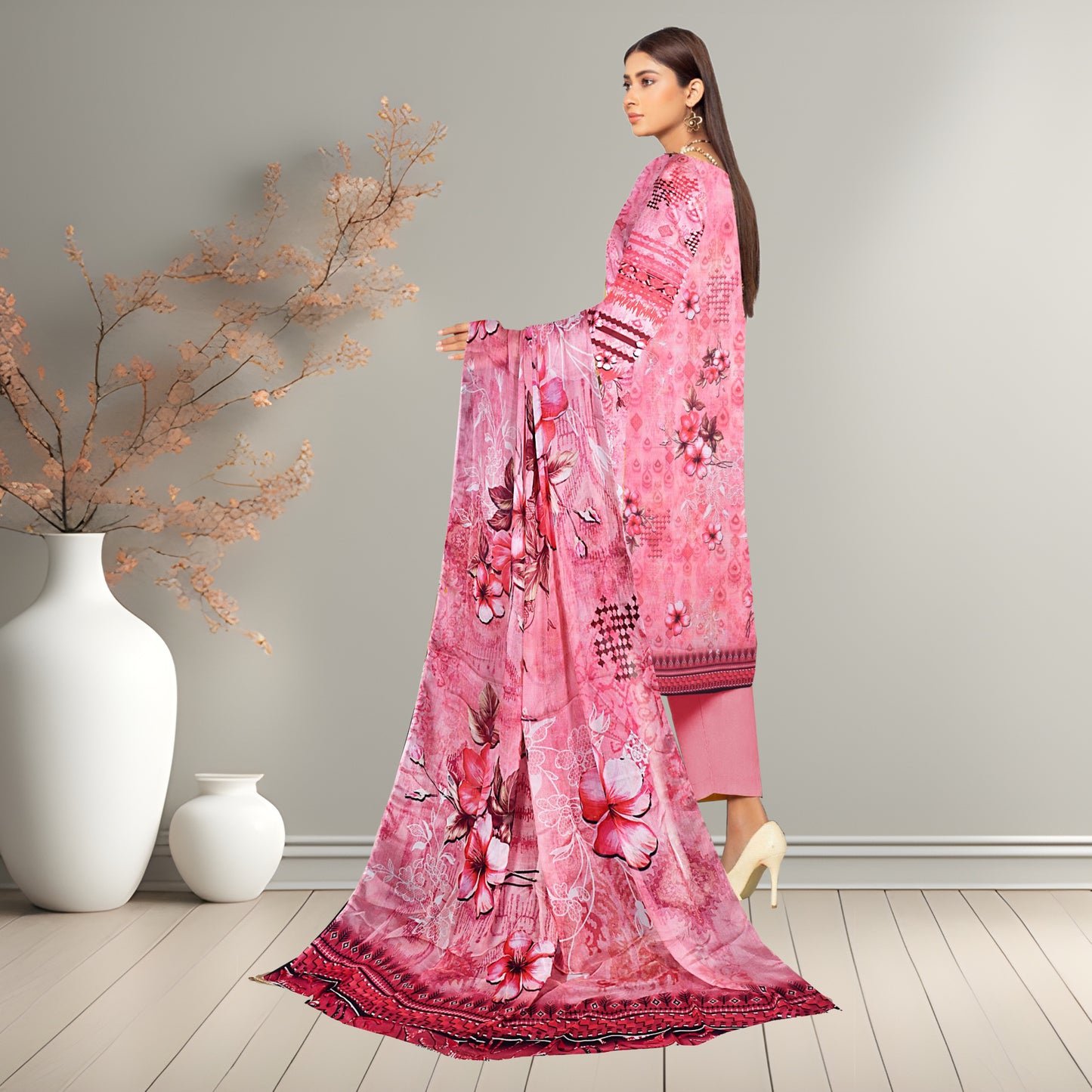 Vibrant Pink Digital Printed 3-Piece Lawn Suit | Bamber Chiffon Dupatta