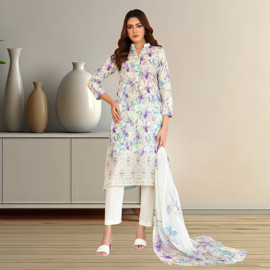 Soft Pastel Floral Digital Printed Lawn Suit |Embroidered Lace Hem & Chiffon Dupatta