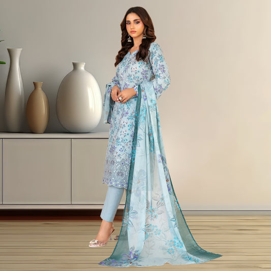Serene Mint & Purple Floral Lawn Suit | Embroidered Lace Hem & Chiffon Dupatta