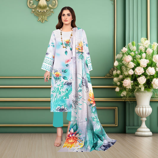 Elegant Turquois Floral 3-Piece Digital Printed Lawn & Chiffon Suit