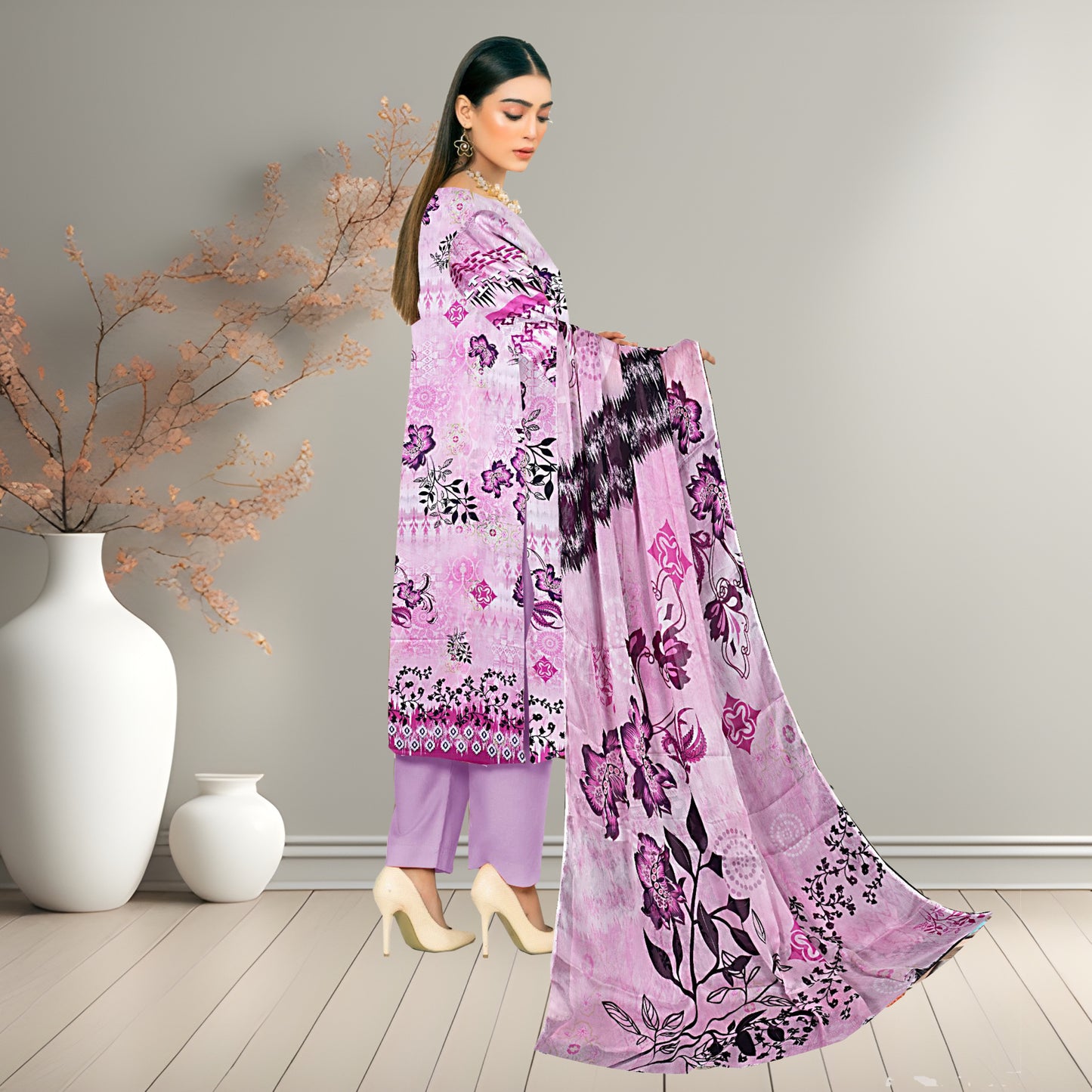 Charming Lavender & Purple Digital Printed 3-Piece Lawn Suit | Bamber Chiffon Dupatta
