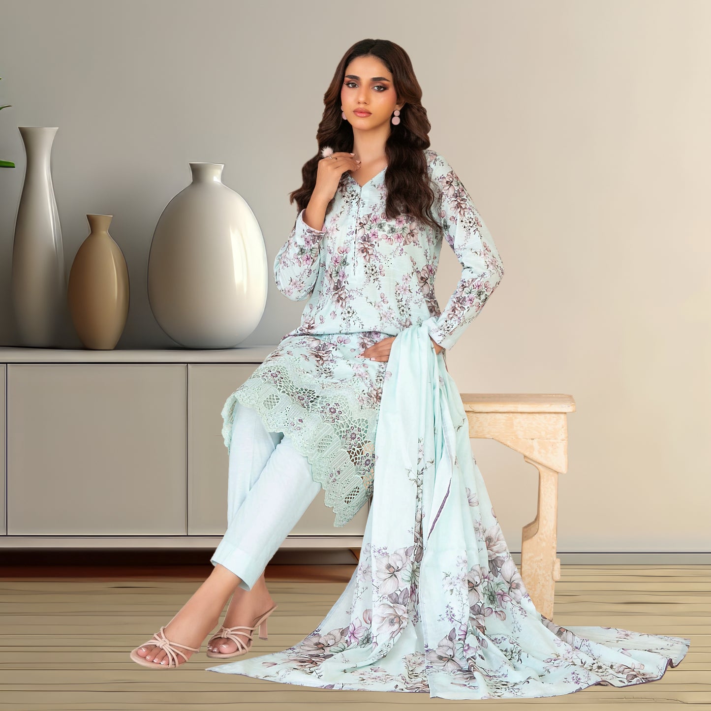Pistachio Floral Lawn Suit | Embroidered Lace Hem & Chiffon Dupatta