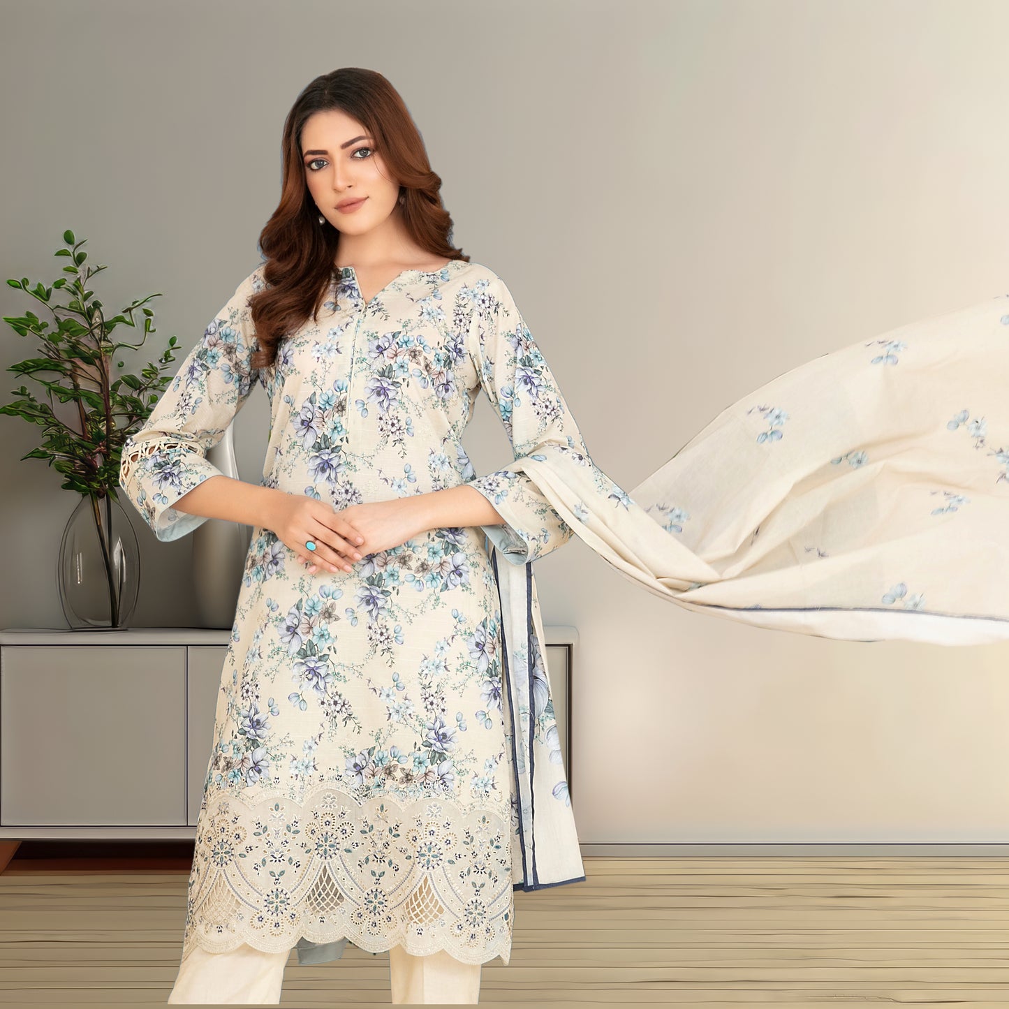 Soft Beige & Bright Blue Digital Printed Lawn Suit | Embroidered Lace Hem & Chiffon Dupatta