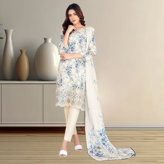 Soft Beige & Bright Blue Digital Printed Lawn Suit | Embroidered Lace Hem & Chiffon Dupatta