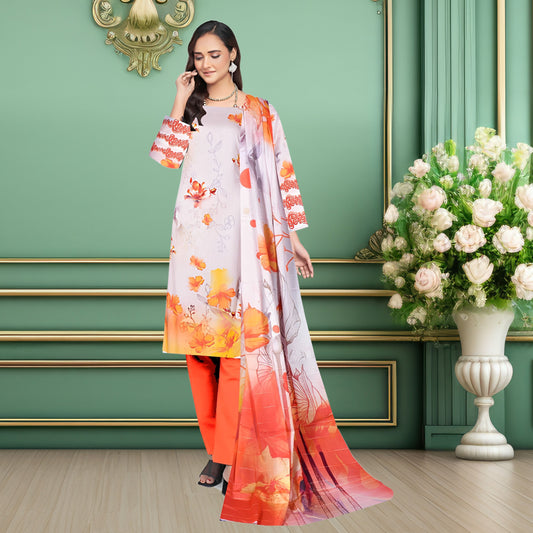 Elegant Orange & Cream Floral 3-Piece Digital Printed Lawn & Chiffon Suit