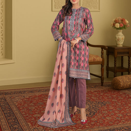 Sophisticated Mauve & Charcoal Geometric Digital Print 3-Piece Lawn Suit