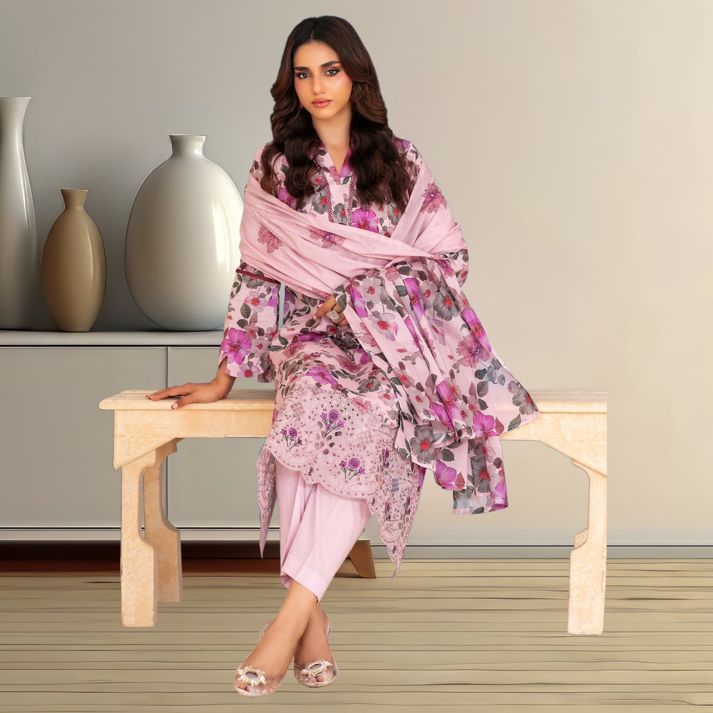 Vivid Pink 3-Piece Lawn Suit | Digital Printed, Chiffon Dupatta & Embroidered Hem