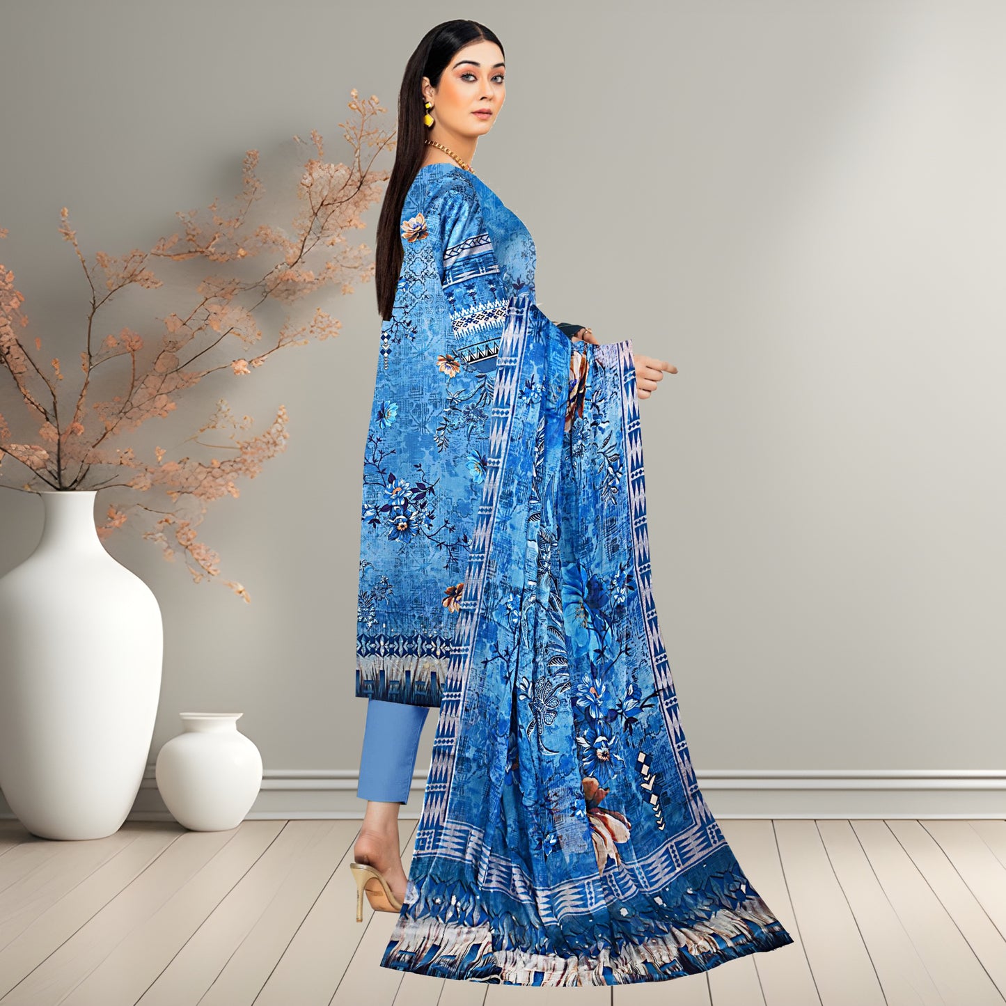 Vivid Cobalt Blue Digital Printed 3-Piece Lawn Suit | Bamber Chiffon Dupatta