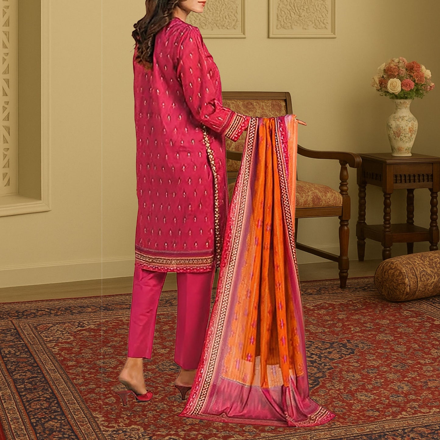 Vibrant Pink & Orange Digital Print 3-Piece Lawn Suit