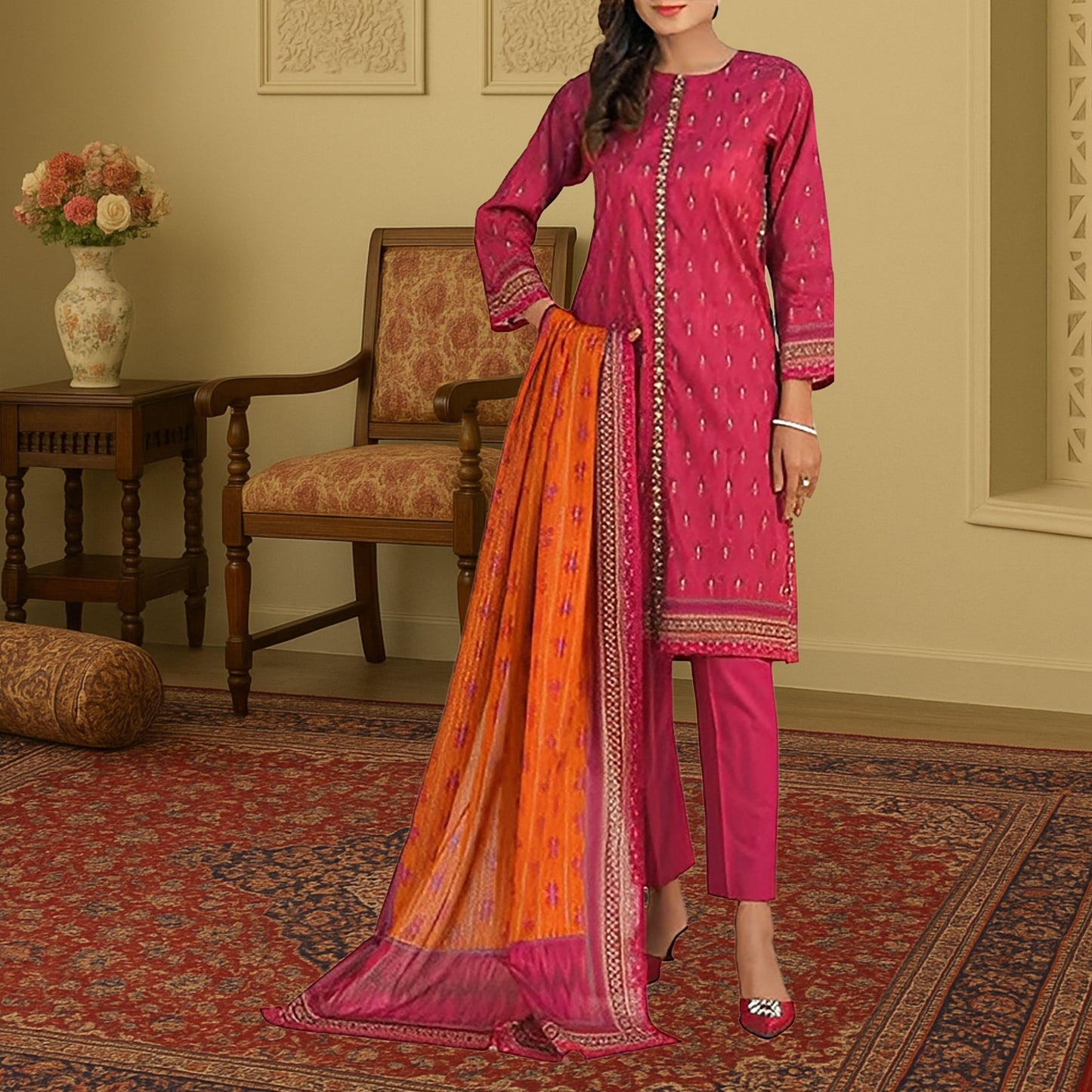 Vibrant Pink & Orange Digital Print 3-Piece Lawn Suit