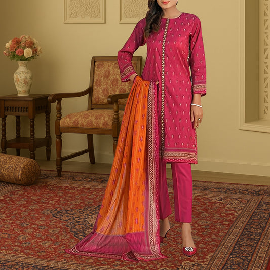 Vibrant Pink & Orange Digital Print 3-Piece Lawn Suit