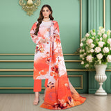 Elegant Orange Floral 3-Piece Digital Printed Lawn & chiffon Suit