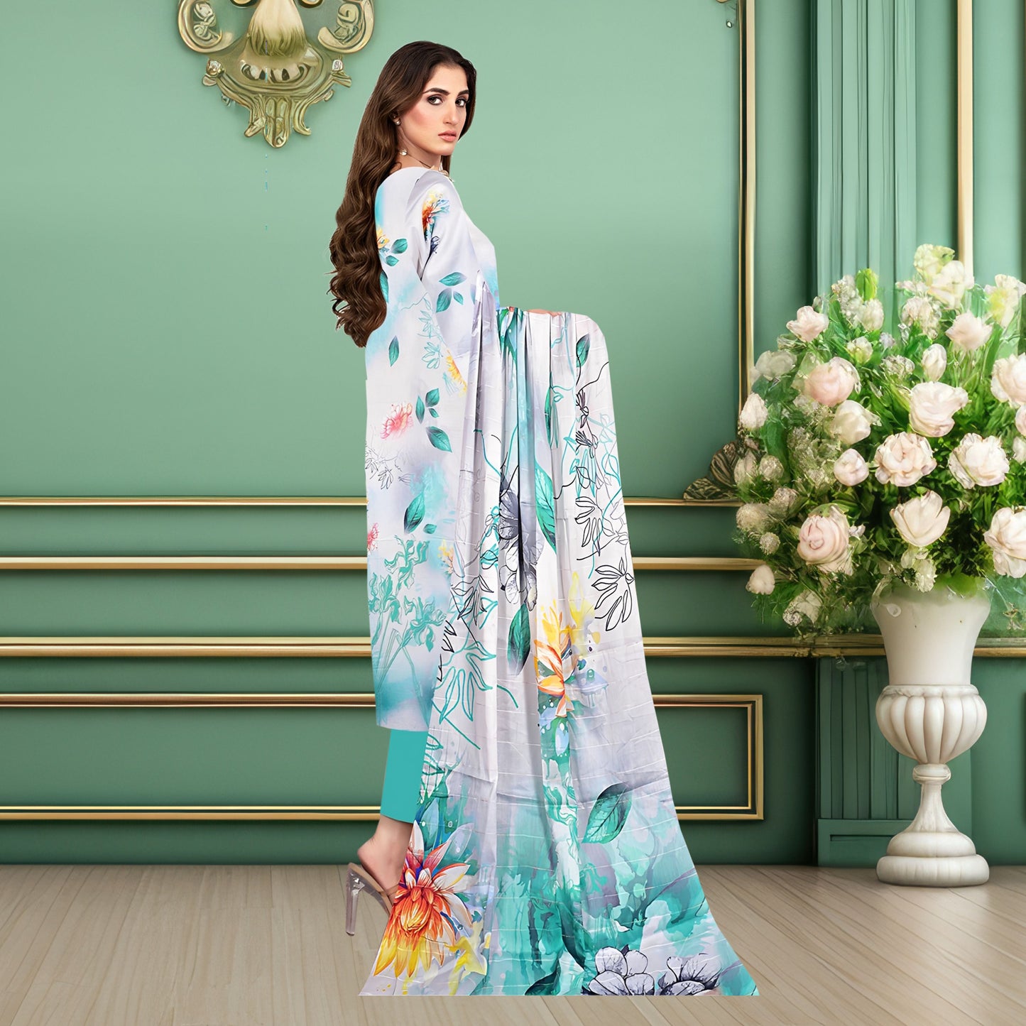 Elegant Turquois  Floral 3-Piece Digital Printed Lawn & Chiffon Suit