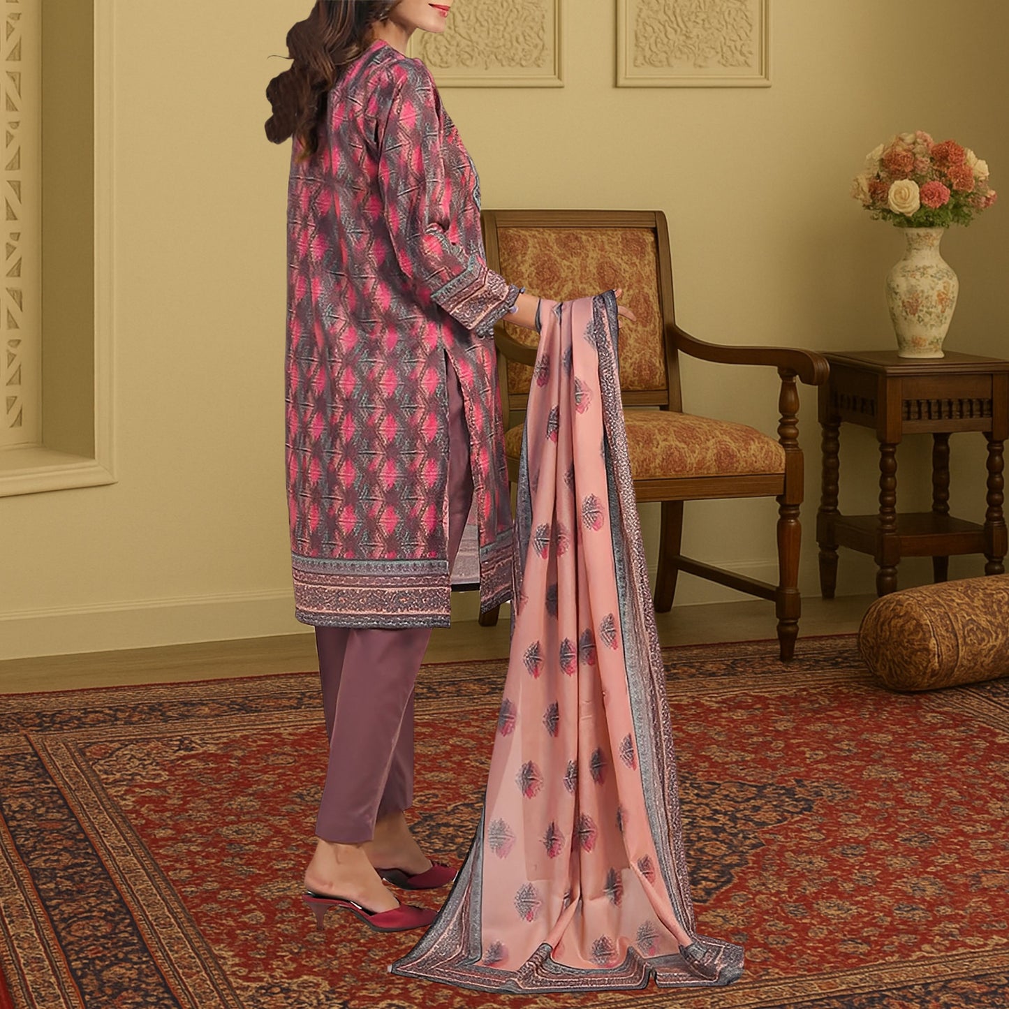Sophisticated Mauve & Charcoal Geometric Digital Print 3-Piece Lawn Suit