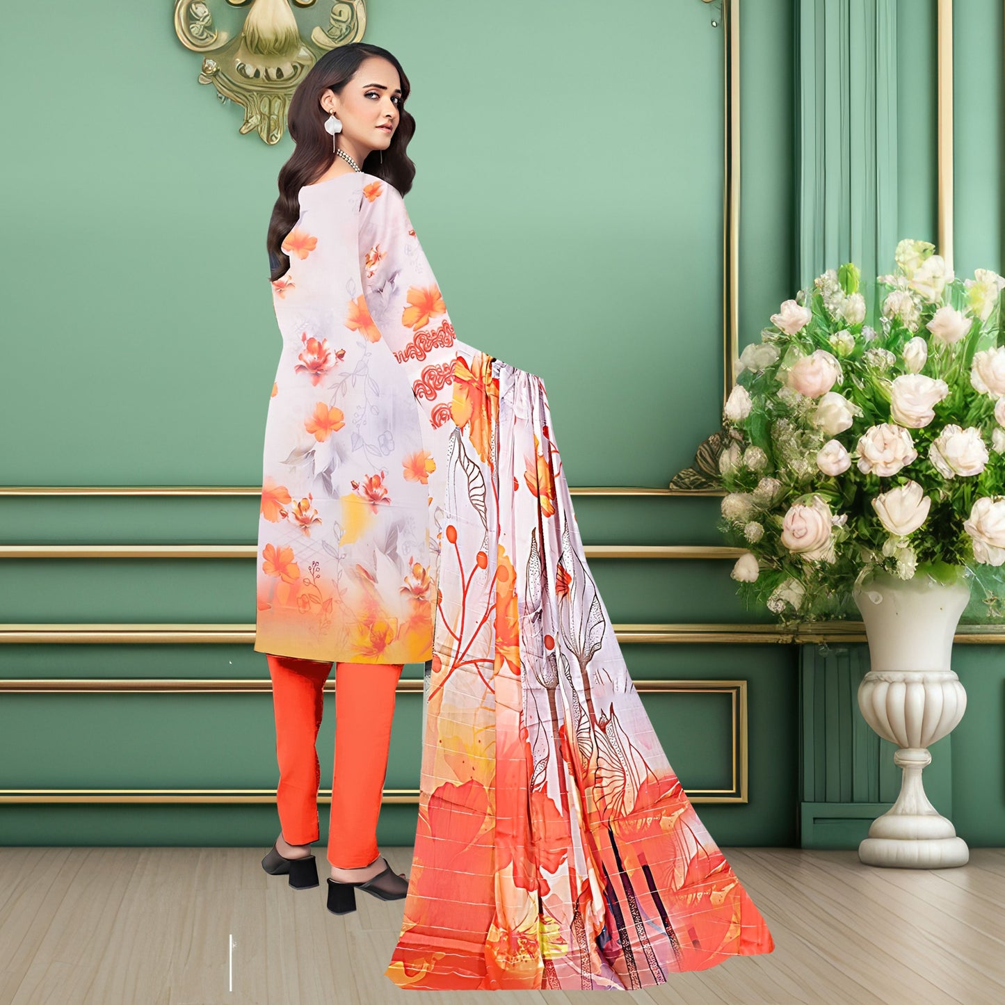 Elegant Orange & Cream Floral 3-Piece Digital Printed Lawn & Chiffon Suit