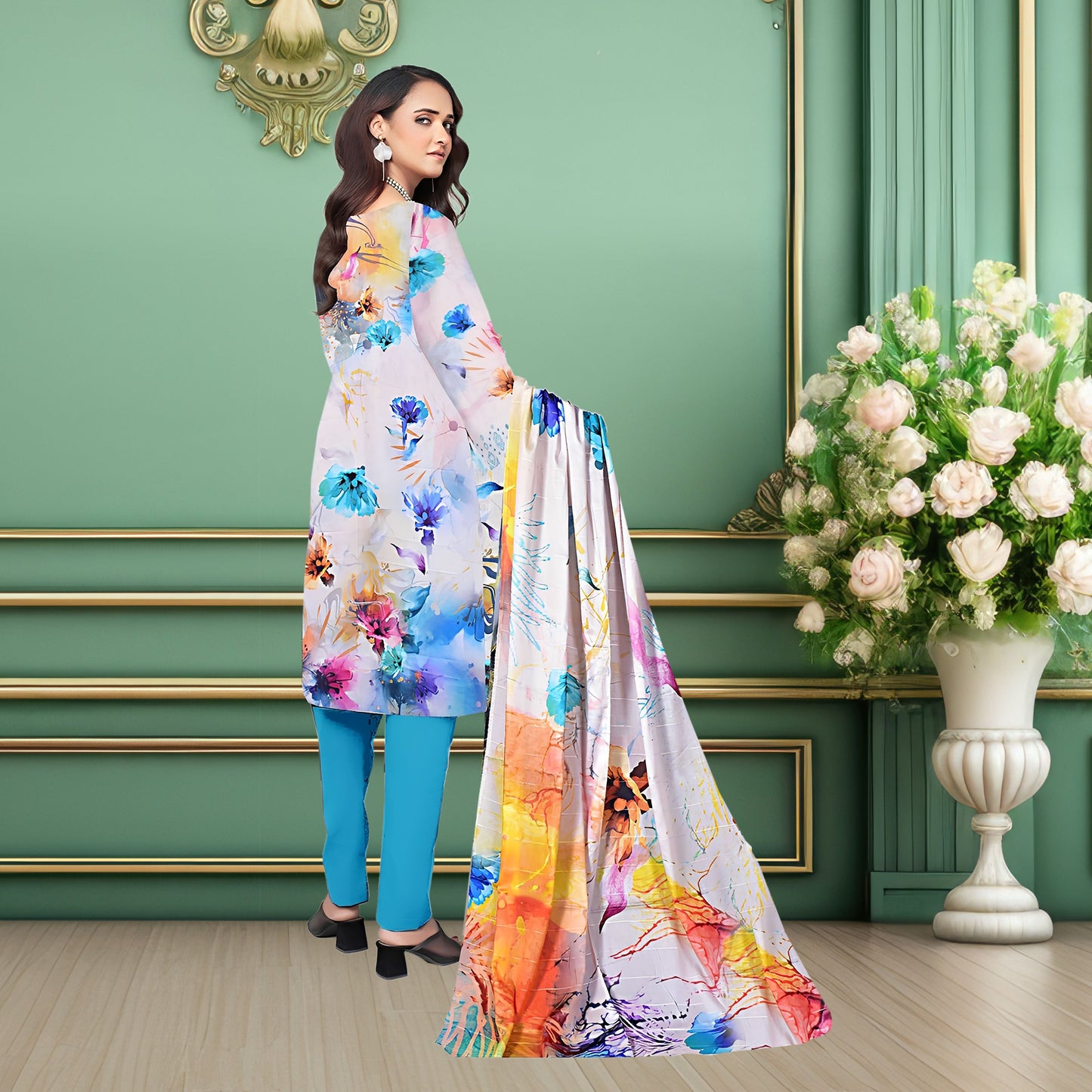 Elegant Turquoise Orange Floral 3-Piece Digital Printed Lawn & Chiffon Suit