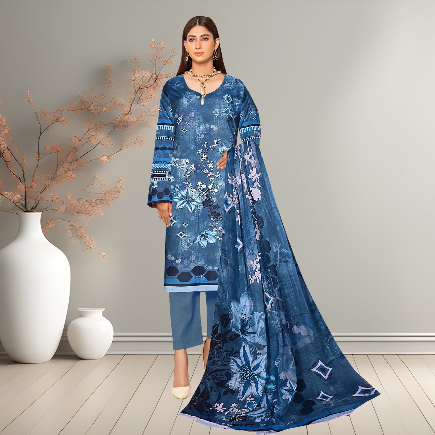 Luxury Blue Digital Printed 3-Piece Lawn Suit | Chiffon Dupatta & Dyed Cotton Trouser