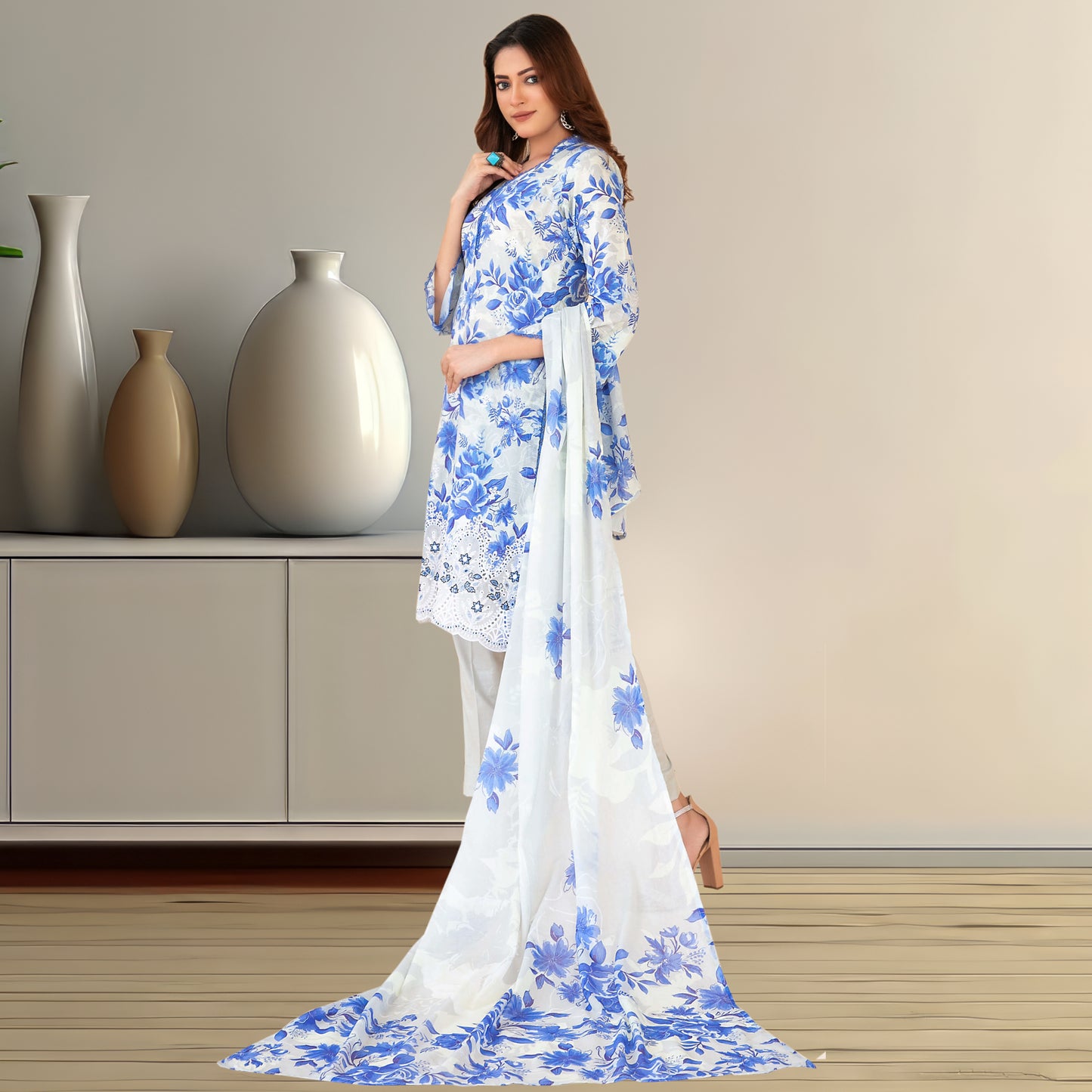 Crisp Blue & White Floral Lawn Suit | Embroidered Lace Hem & Chiffon Dupatta