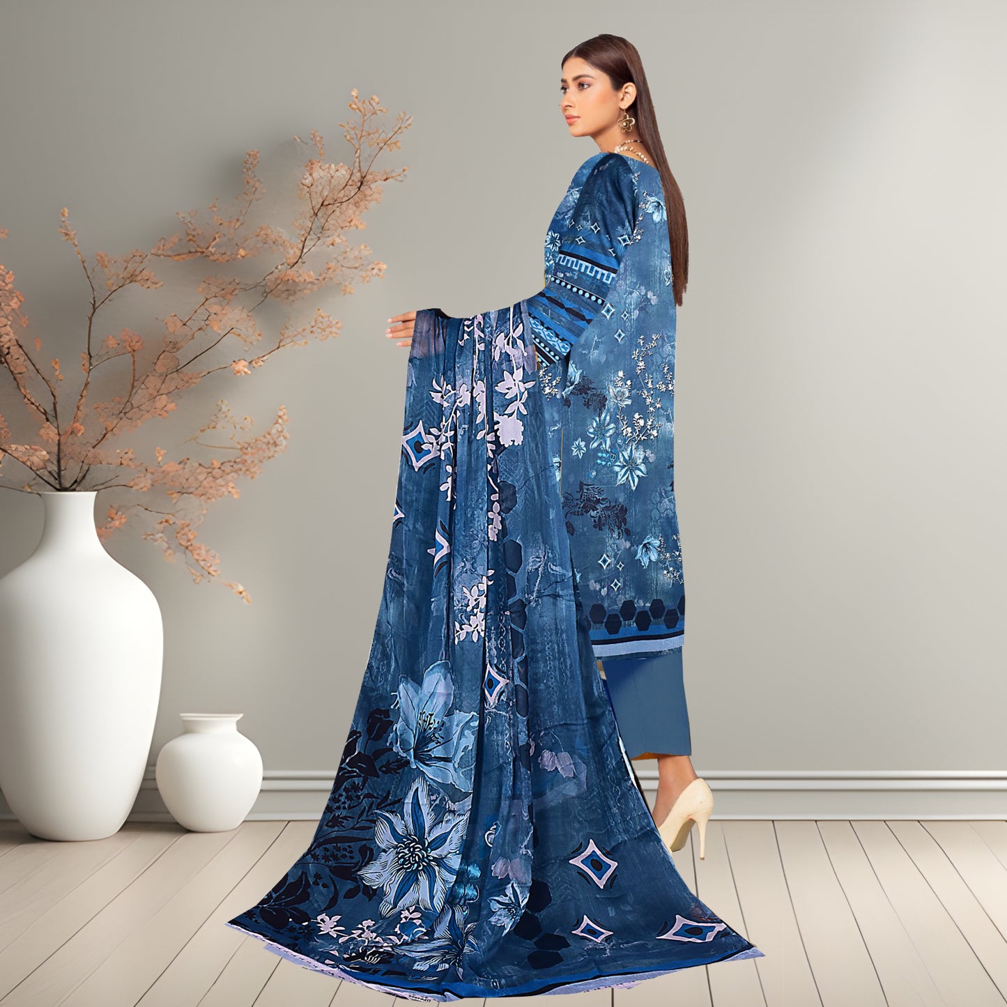 Luxury Blue Digital Printed 3-Piece Lawn Suit | Chiffon Dupatta & Dyed Cotton Trouser
