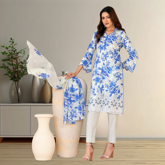 Crisp Blue & White Floral Lawn Suit | Embroidered Lace Hem & Chiffon Dupatta