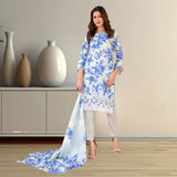 Crisp Blue & White Floral Lawn Suit | Embroidered Lace Hem & Chiffon Dupatta