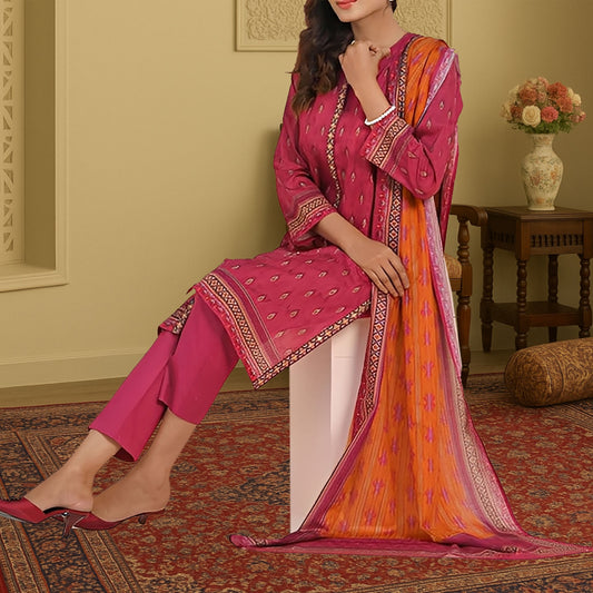 Vibrant Pink & Orange Digital Print 3-Piece Lawn Suit