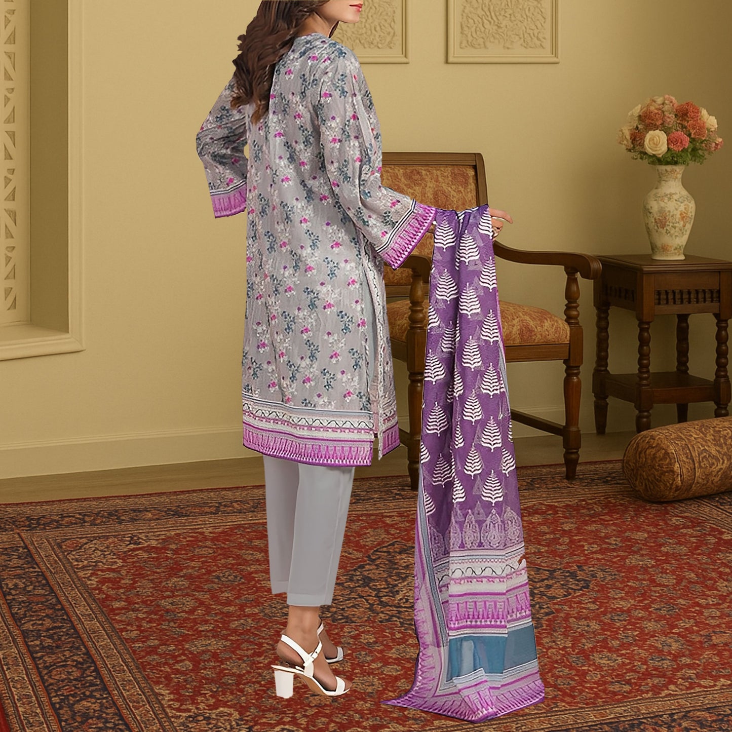 Chic Grey & Royal Purple Digital Print 3-Piece Lawn Suit