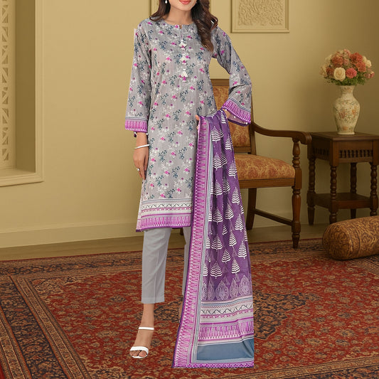Chic Grey & Royal Purple Digital Print 3-Piece Lawn Suit