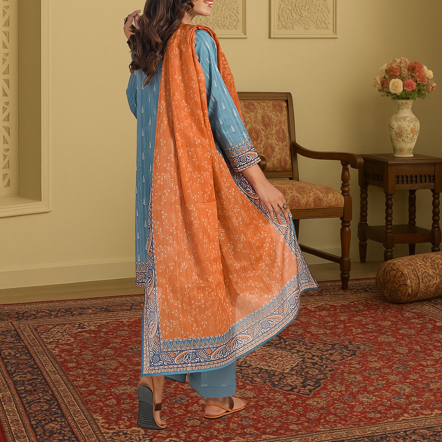 Stunning Teal Blue & Contrasting Orange Digital Print 3-Piece Lawn Suit