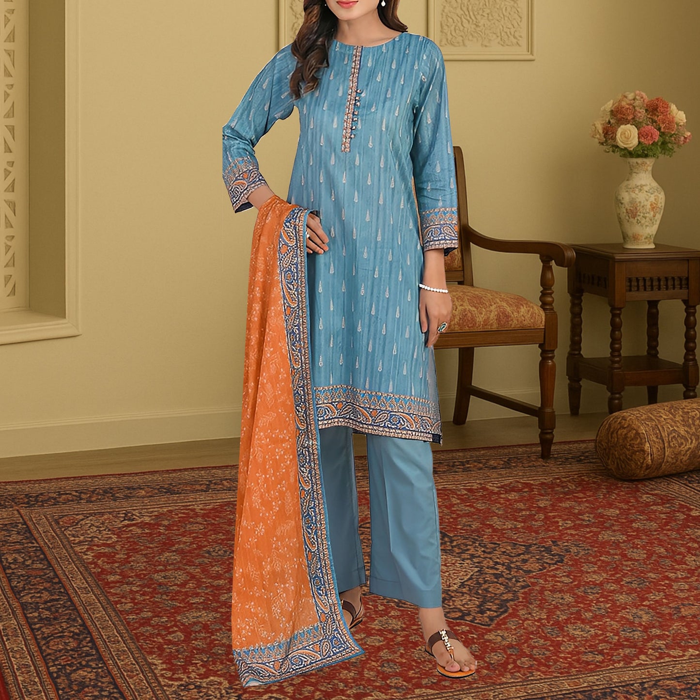 Stunning Teal Blue & Contrasting Orange Digital Print 3-Piece Lawn Suit