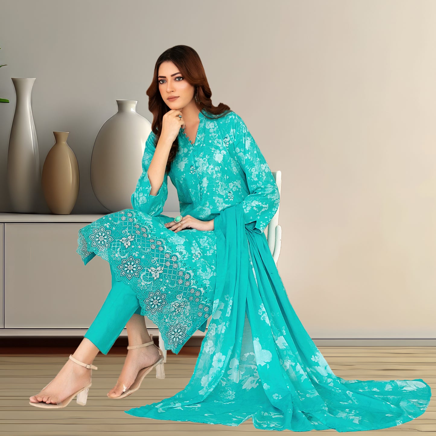 Vibrant Turquoise Digital Printed Lawn Suit | Embroidered Lace Detail & Chiffon Dupatta