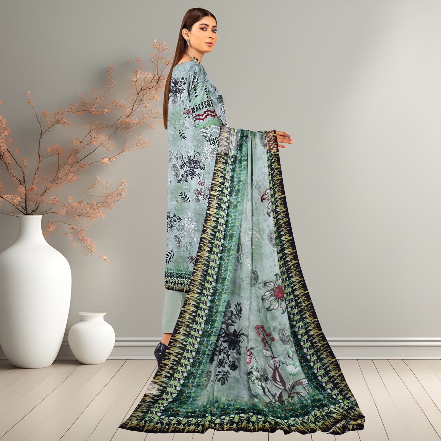 Mint Green & Black Digital Printed 3-Piece Lawn Suit | Premium Bamber Chiffon Dupatta