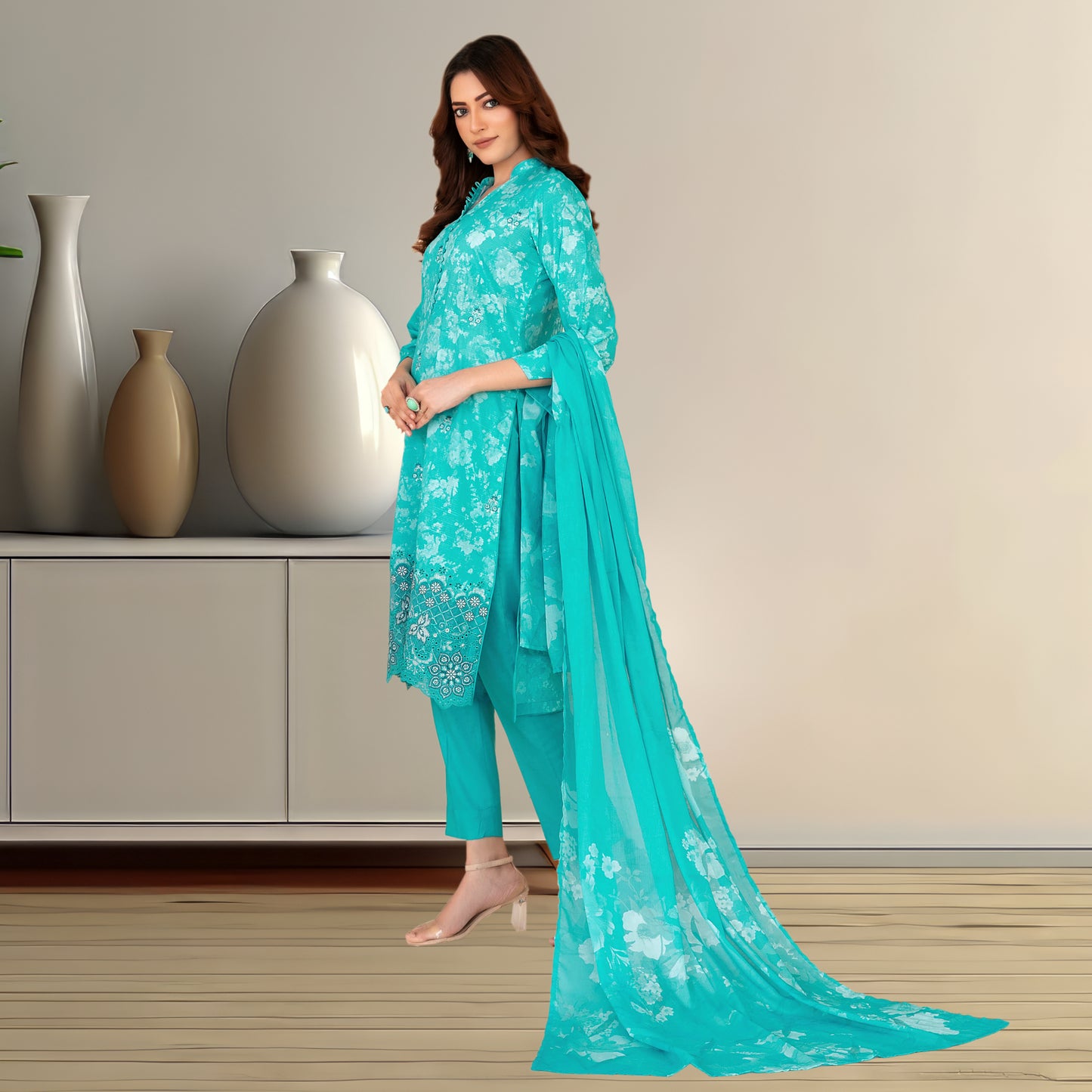 Vibrant Turquoise Digital Printed Lawn Suit | Embroidered Lace Detail & Chiffon Dupatta