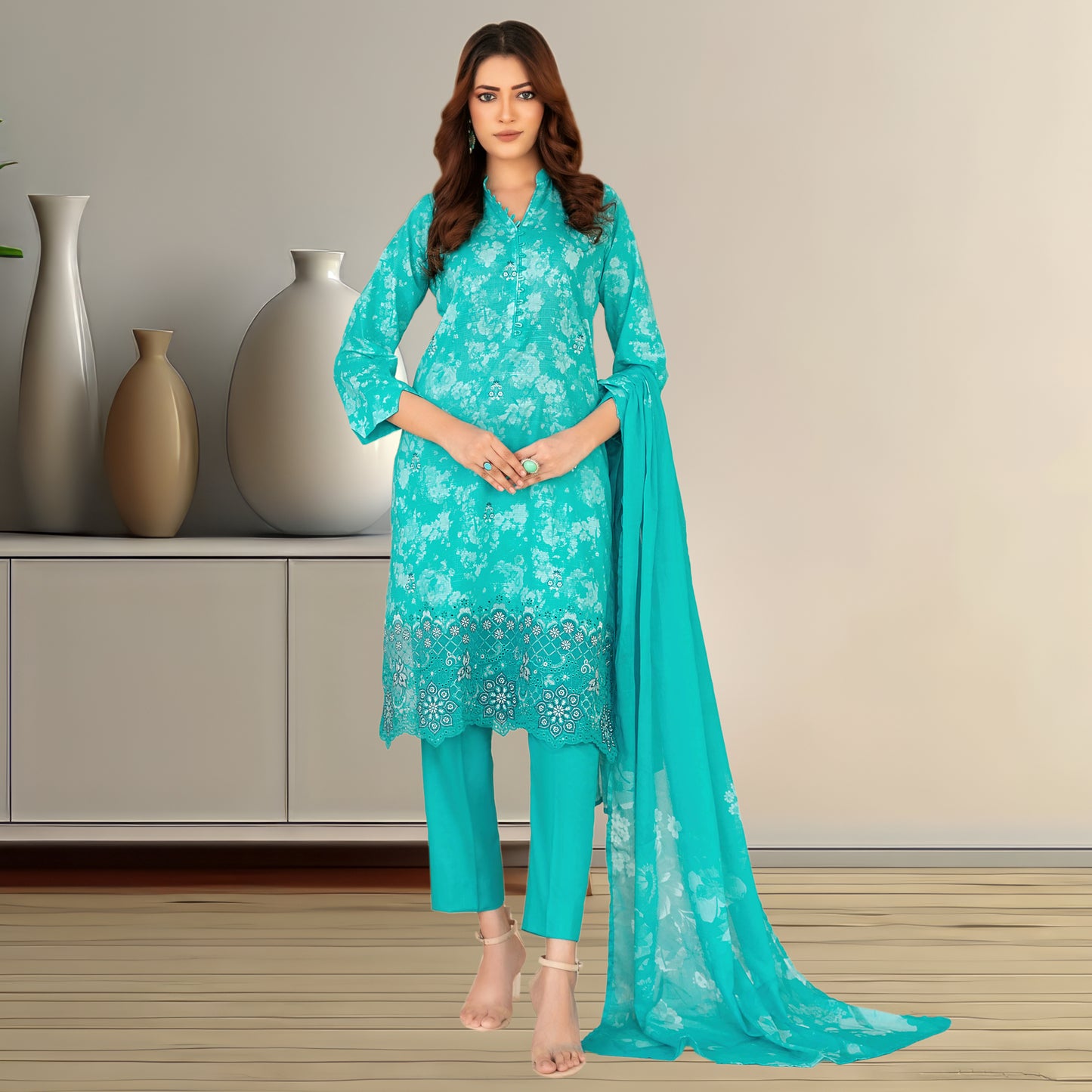 Vibrant Turquoise Digital Printed Lawn Suit | Embroidered Lace Detail & Chiffon Dupatta