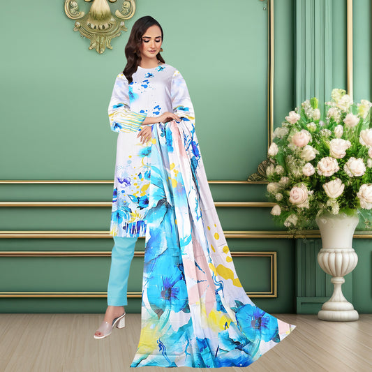 Elegant Aqua Blue Floral 3-Piece Digital Printed Lawn & Chiffon Suit
