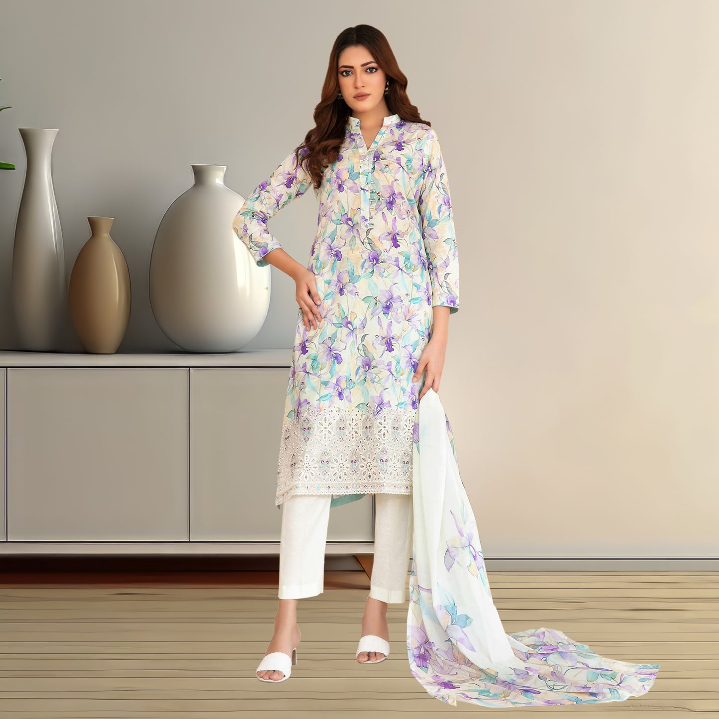 Soft Pastel Floral Digital Printed Lawn Suit |Embroidered Lace Hem & Chiffon Dupatta