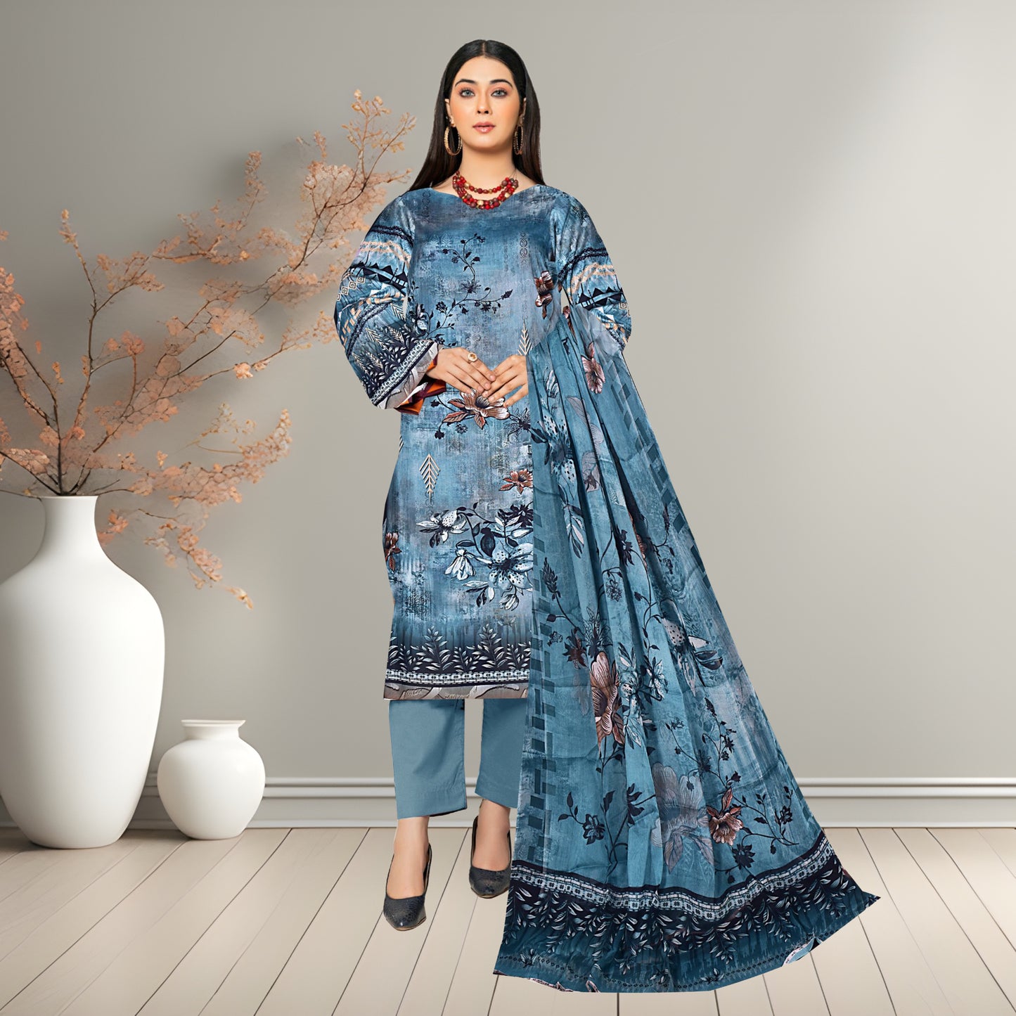 Serene Blue Digital Printed 3-Piece Lawn Suit | Bamber Chiffon Dupatta