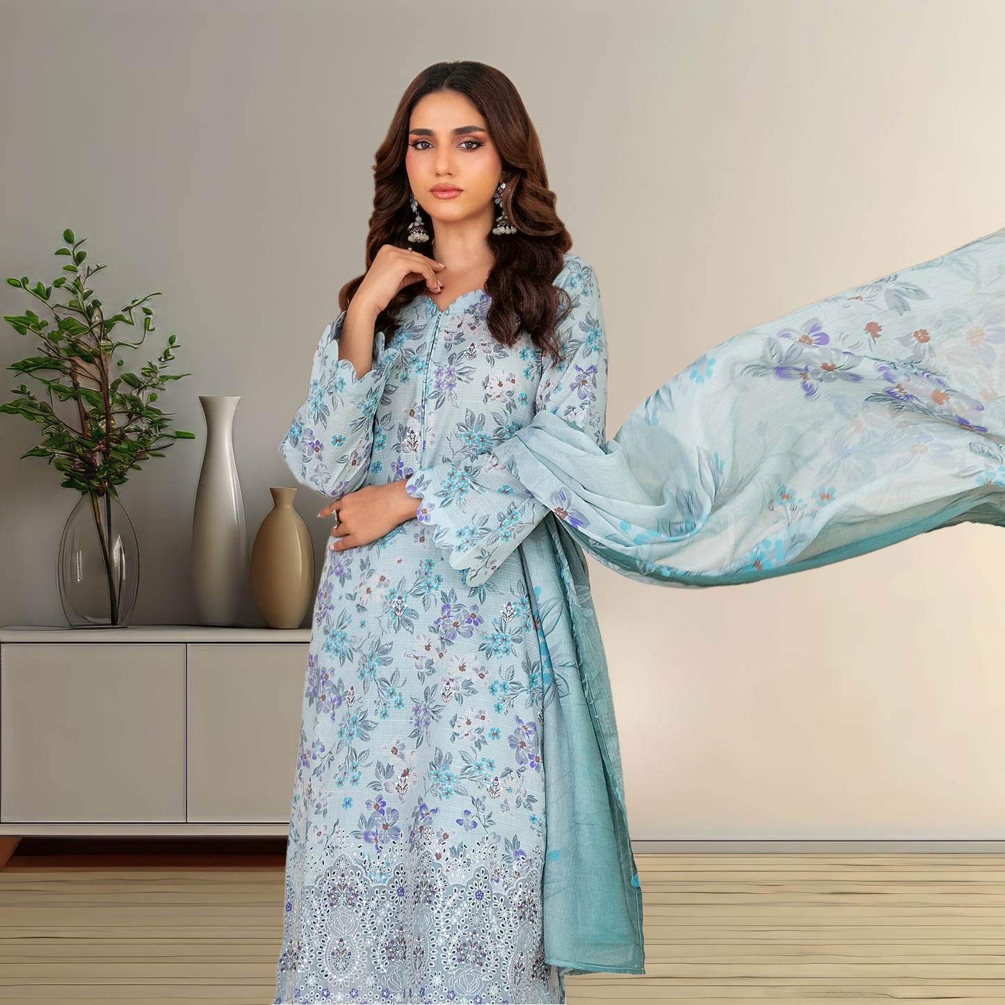 Serene Mint & Purple Floral Lawn Suit | Embroidered Lace Hem & Chiffon Dupatta