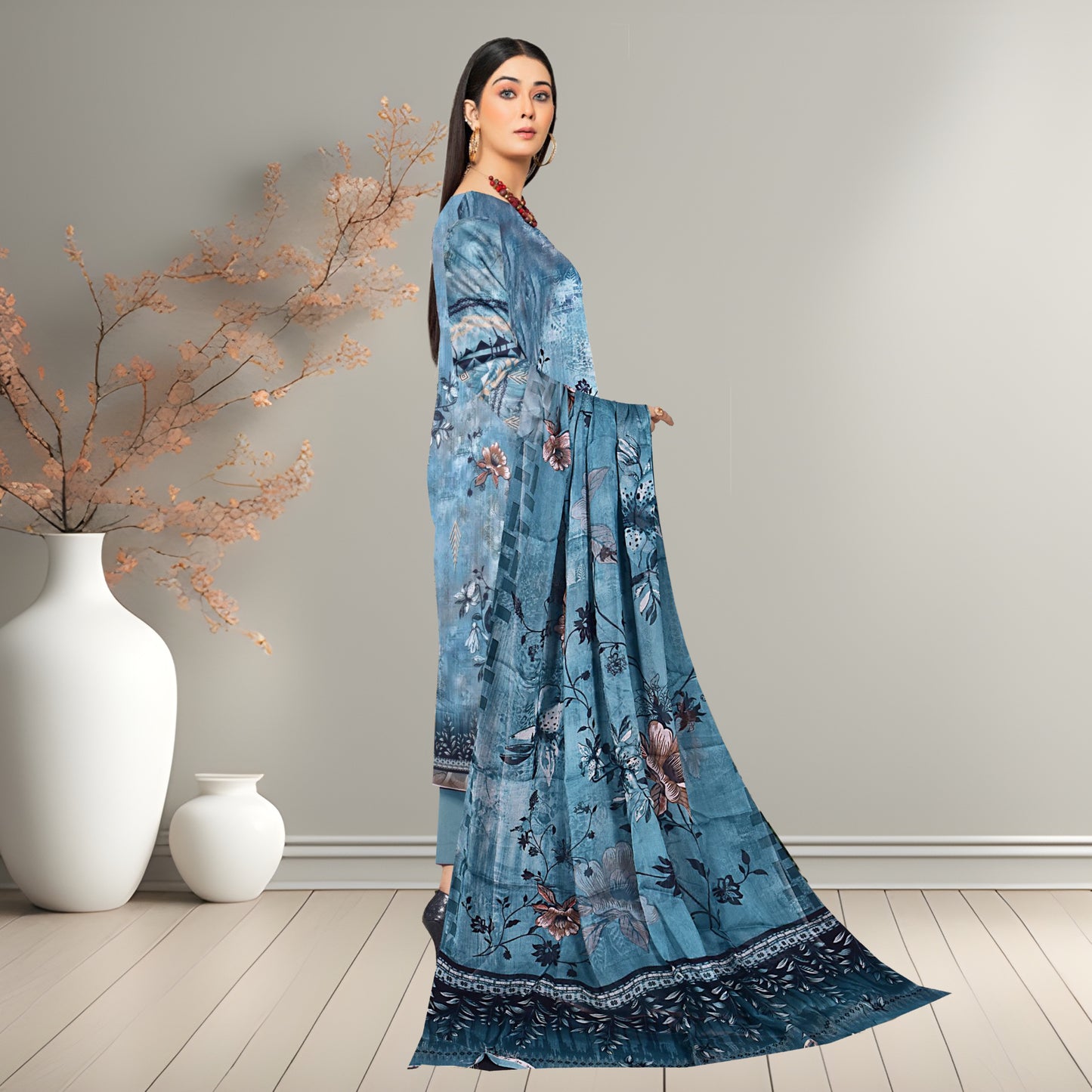 Serene Blue Digital Printed 3-Piece Lawn Suit | Bamber Chiffon Dupatta