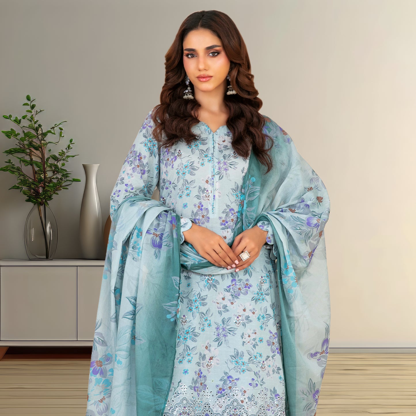Serene Mint & Purple Floral Lawn Suit | Embroidered Lace Hem & Chiffon Dupatta