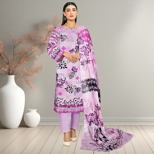 Charming Lavender & Purple Digital Printed 3-Piece Lawn Suit | Bamber Chiffon Dupatta